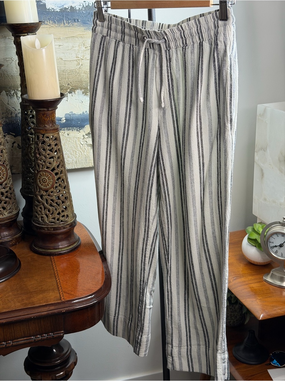 Women's Dip Linen Blend XS
Drawstring Waist Gray&white
Striped Beachy